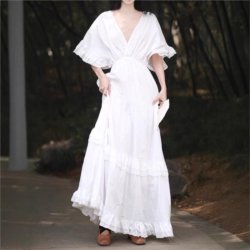 Johnature Women Vintage Tierred Dress V-Neck Short Sleeve Solid Color Summer Patchwork Casual Female Dress