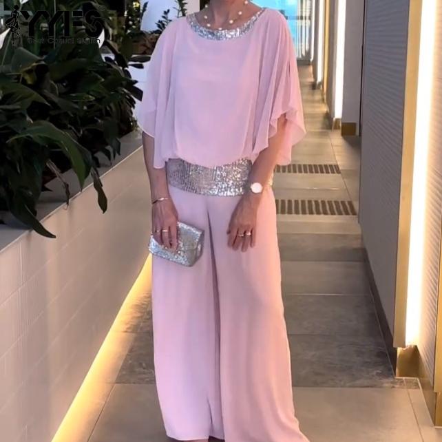 YYFS Damenmode Casual Frühling Herbst Einfarbig Druck 1/2 Ärmel O Hals Hosen Hosen Anzüge