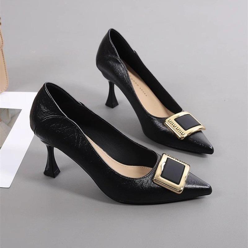 Square Buckle Black High Heels Women's Autumn New Thin Heels Niche Not Tired Feet Pointed Head Shallow Mouth Work Single Shoes Women