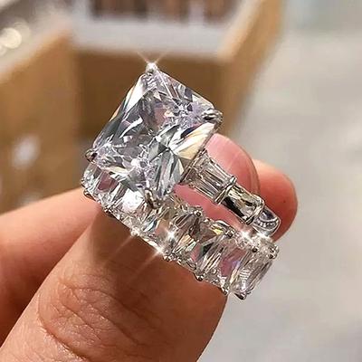 Huitan Luxury Square Cubic Zirconia Set Rings for Women Crystal AAA CZ Promise Rings Wedding Engagement Party Fashion