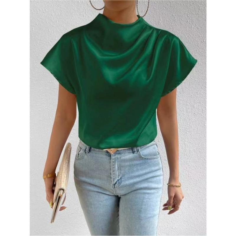 T-shirt à col rond et manches courtes plissé à l'épaule gauche Haut en satin pour femme