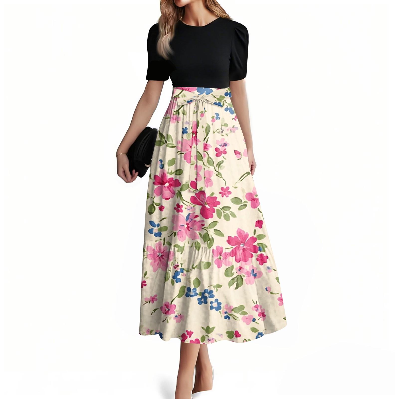 

Women s Fashion Casual Belt Short Sleeve Round Neck Stitching Elegant Temperament Dress XL рожевий