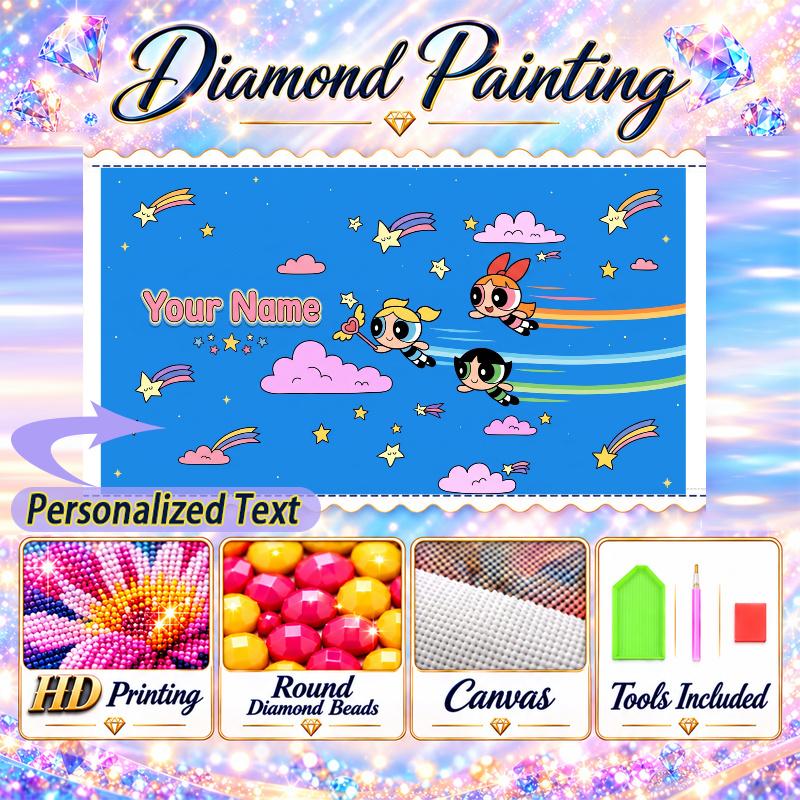 The Powerpuff Girls 5D DIY Diamond Painting Custom Name Text, Full Drill Rhinestone Mosaic Art Home Gift