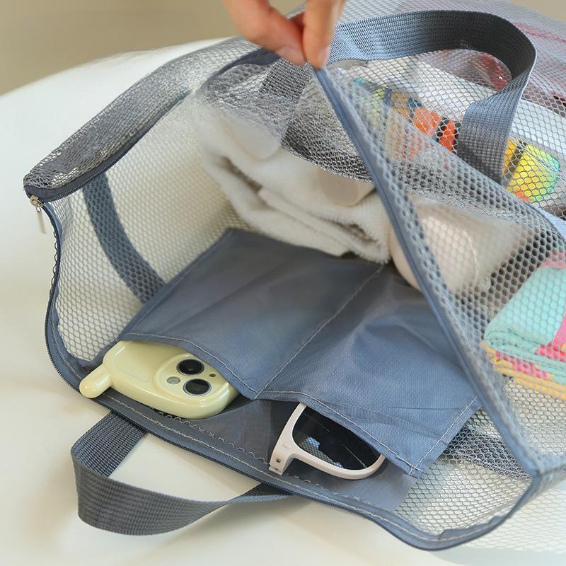 Große Netztasche für den Strand Transparente Schwimm-Tragetasche Wasserdichte Sandfeste Aufbewahrungstasche für Schwimmen Reisen Pooltasche