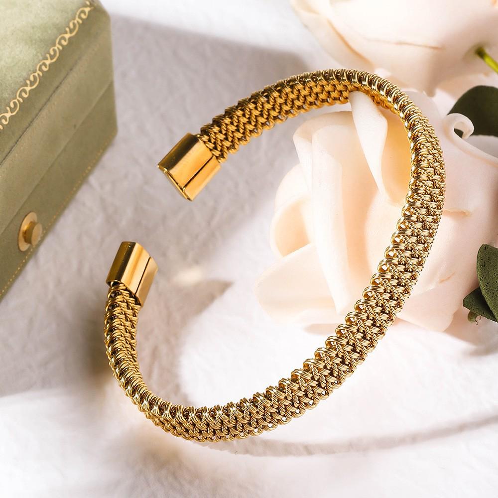 Gold-Plated Titanium Steel Open Cuff Bracelet - European & American Fashion Woven Design