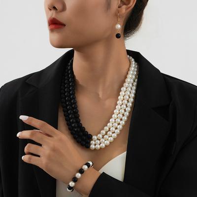 European and American Retro Splicing Multi-layer Imitation Pearl Necklace Bracelet Earring Set Women's French