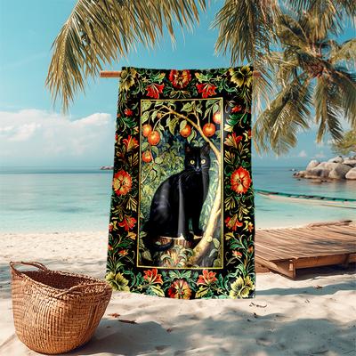 Black Cat Floral Garden Soft Beach Towel Outdoor Camping Vacation Swimming Beach Towel Outdoor Absorbent Bath Towel Blanket A11