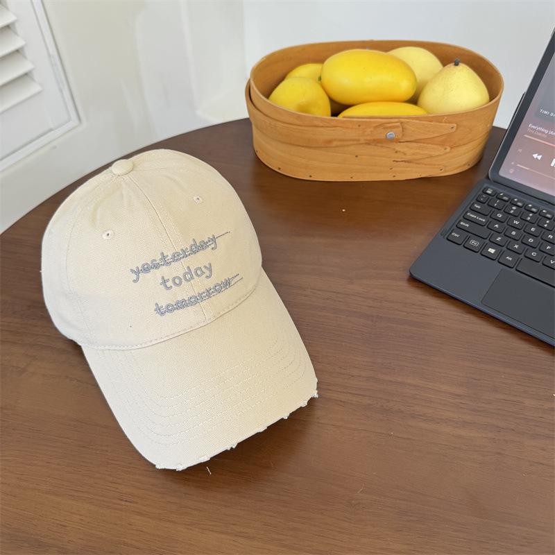 American Ripped Baseball Cap Women's Spring and Summer Letter Embroidery Washed Peaked Cap Showing Small Face Plus Large Brim Sun Hat Men