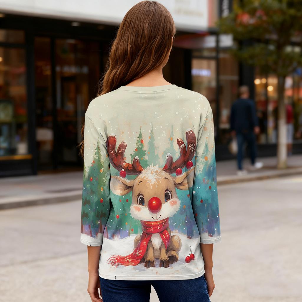 Ladies' Christmas Printed Fashionable Casual Seven Quarter Sleeved Round Neck Top