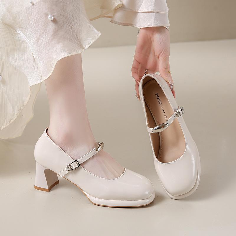 

Small Korean version of one word with shallow mouth Mary Jane shoes single shoes women s new spring and summer temperament fashion thick heel high hee 34 бежевый