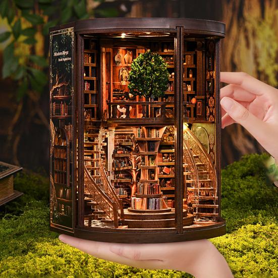DIY Book House Kit with LED Light Handmade Vintage 3D Wooden Puzzle Bookstore Miniature Dollhouse Bookshelf Decoration Book Lover Gift