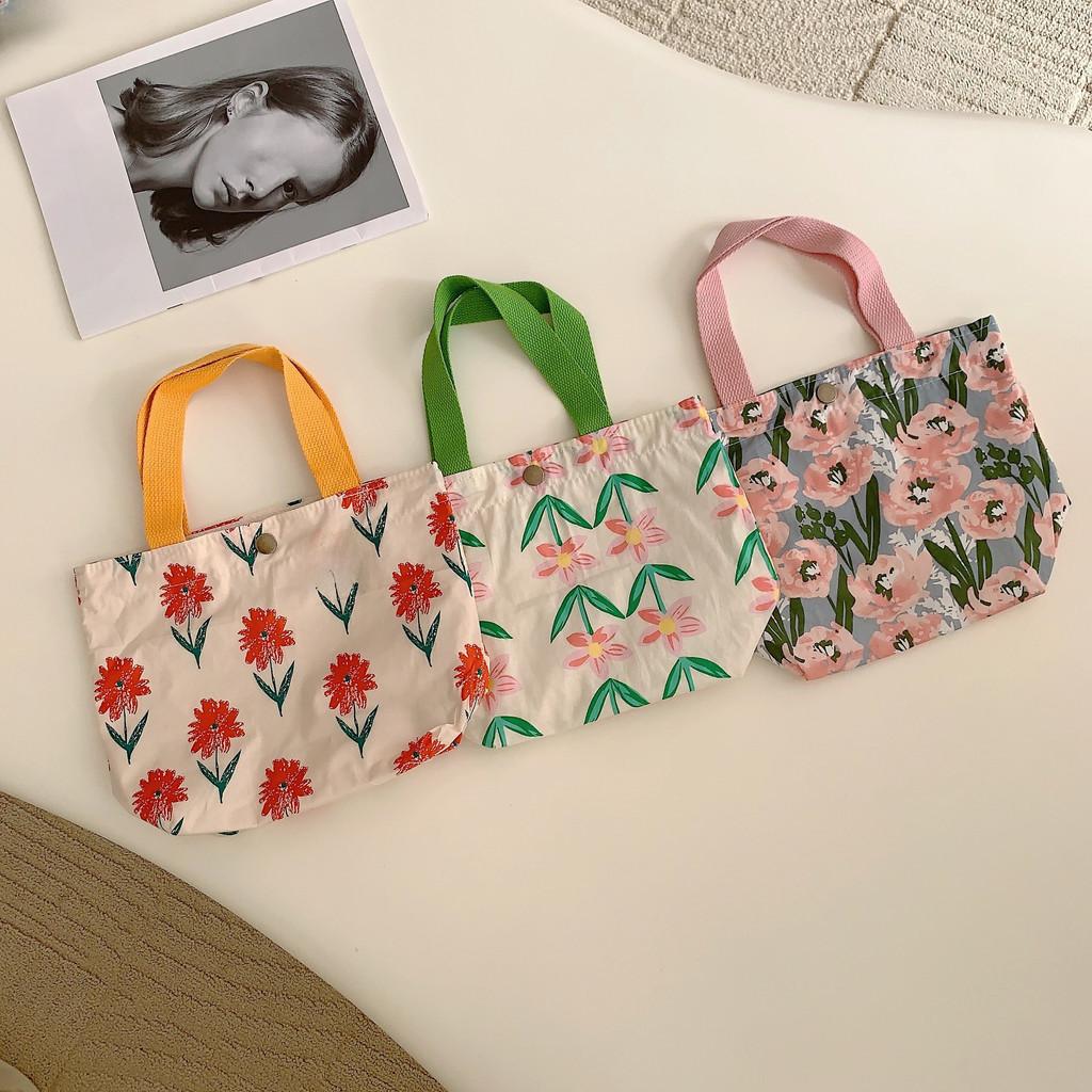 Charming Floral Cotton Tote Lunch Bag Adorable Handheld Canvas Bento Bag