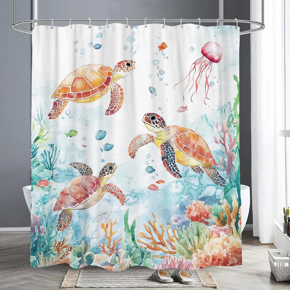 Sea Turtle Shower Curtain, Beach Coastal Sea Turtle Starfish Jellyfish Underwater Creatures Bathroom Decorative Shower Curtains