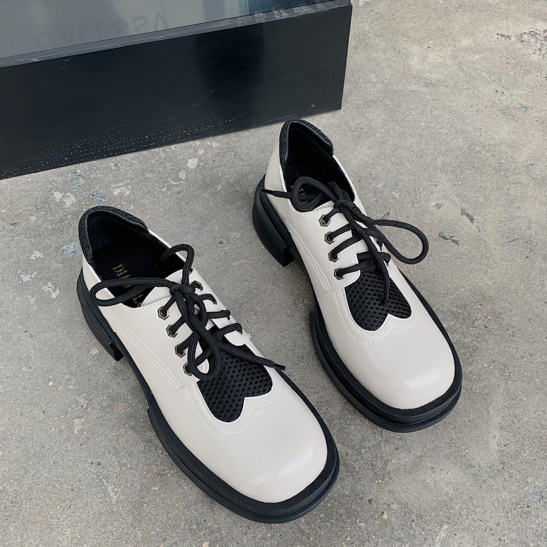 Лоскутные сетчатые туфли-оксфорды женские мокасины с квадратным носком на толстом каблуке — фото 8