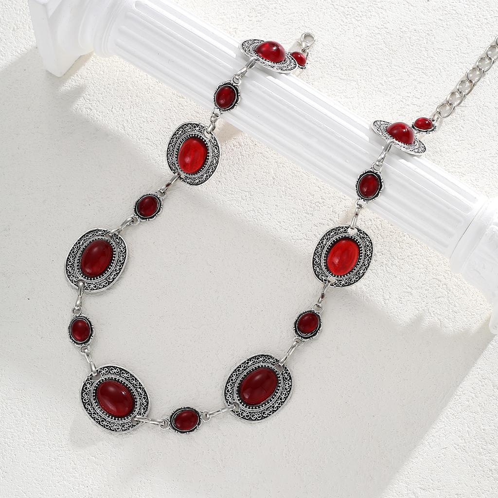 Fashion Oval Wine Red Crystal Metal Waist Chain for Women Retro Exquisite Silver Color Belt Chain French Style Body Jewelry Gift
