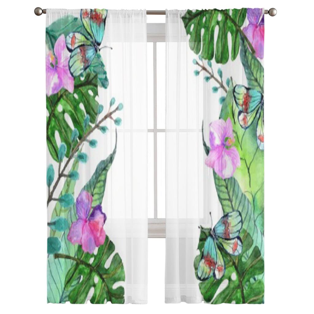 Floral Tropical Orchid Flowers Leaves And Butterflies Sheer Curtains Living Room Tulle Window Curtain Bedroom Kitchen Drapes