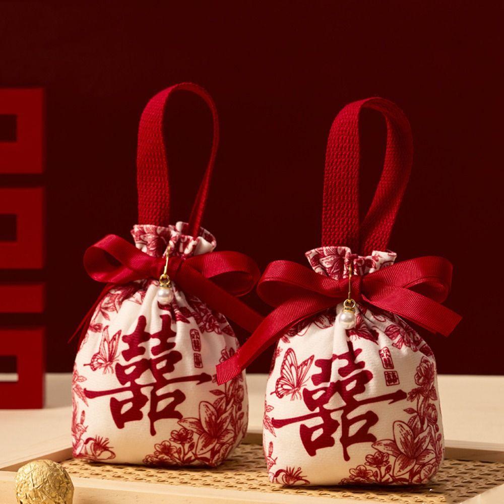 5pcs Chinese Style Drawstring Bag Flowers Gift Packing Bag Fashion Wrist Hand Bag Female/Girls