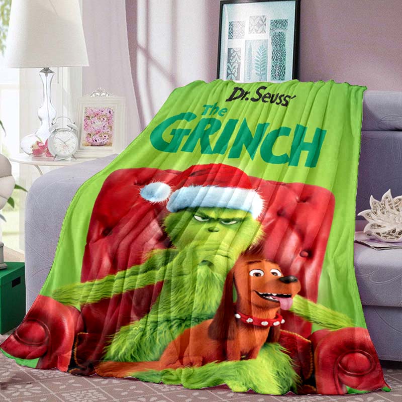Cute Cartoon "The Grinch" Print Blanket – Warm Winter Flannel Throw; Festive, Unique Sofa & Nap Blanket