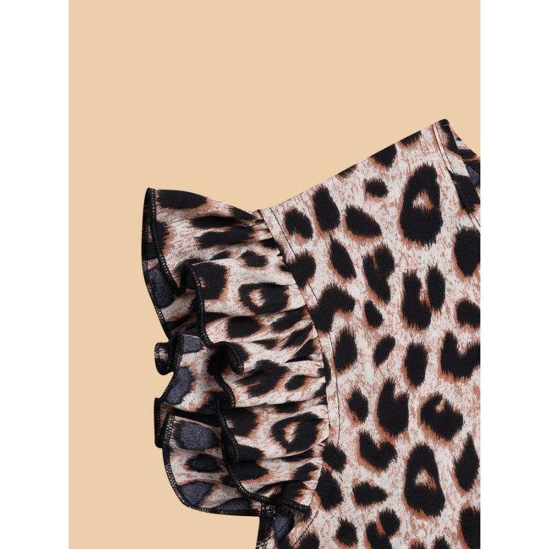 Damen Europäischer Stil Mode Lässig Leopardenmuster Rüschen Kurzarm Hemd