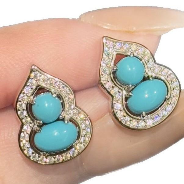 Retro Chinese Full Diamond Turquoise Gourd Necklace, Earrings Show White Niche Design, High-End National Style Jewelry Set