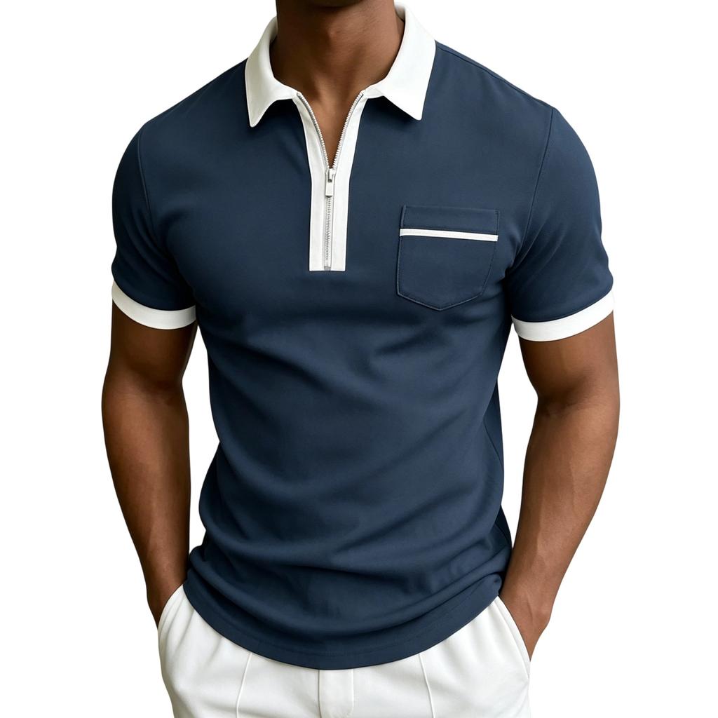 Men Polo Shirt Short Sleeve Zip Front Collar Pocket Design Slim Fit Casual Top for Everyday Wear