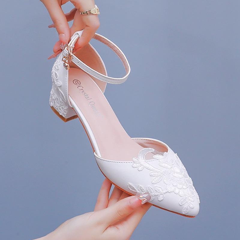 High Heels Shoes Slip on Women Sandals Wedding Pumps PU 4CM Square Heel Pointed Hollow Shallow Mouth White Lace Mesh Women Shoes