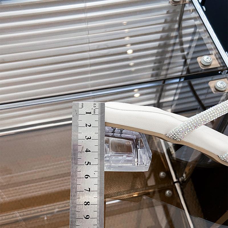 French High-heeled Slippers for Women's Summer Wear 2024 New Rhinestone Small Fragrant Transparent Word with Thick Heel Crystal Sandals