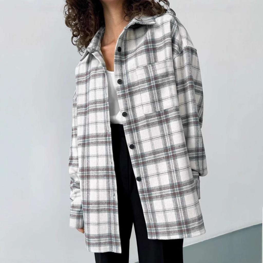 European and American lazy loose lapel plaid shirt women's 1116 autumn street casual outer long-sleeved shirt