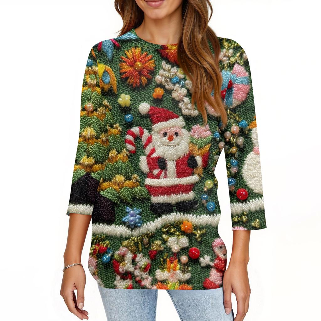 Women's Fashionable Casual Three Quarter Sleeve Christmas Printed Round Neck Top