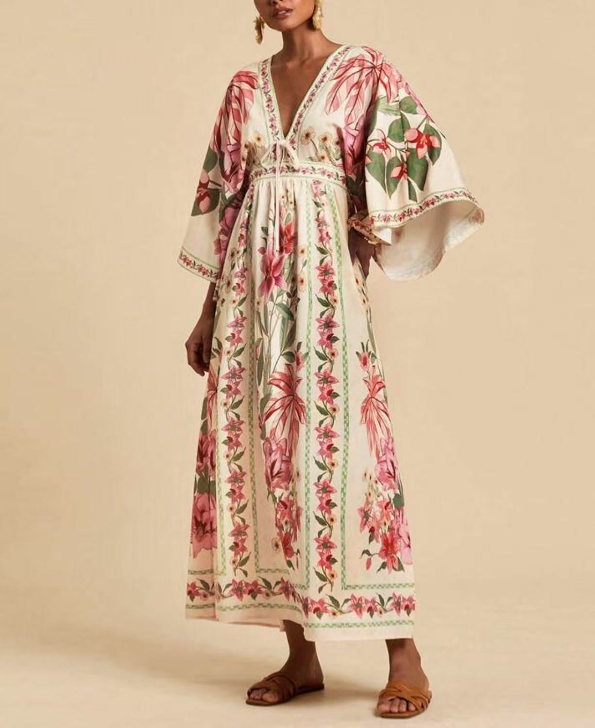 Europe and America 2026 popular V-neck printing loose bohemian long-sleeved dress S