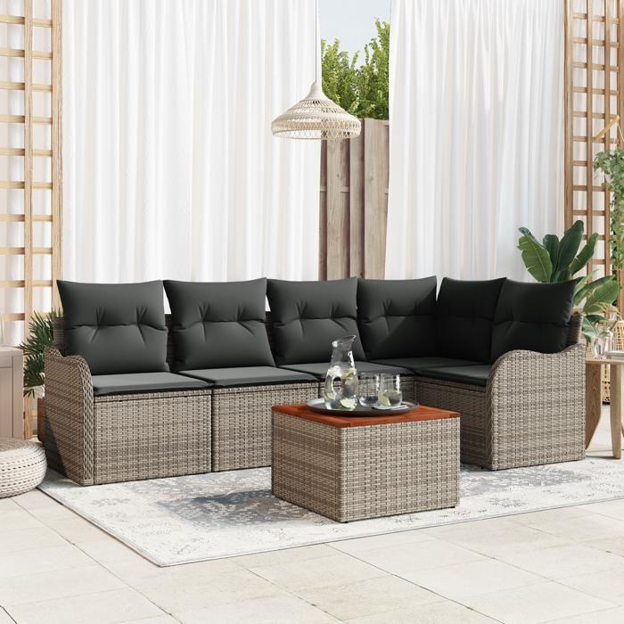 Ensemble de canapé de jardin 6 pièces avec coussins gris en poly rattan et acacia, Canapé de jardin 2 places avec rangement 3356123