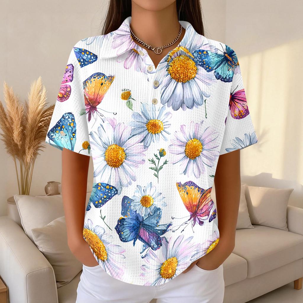 Women’s Casual Knit Short Sleeve Collared Shirt with Floral Print Relaxed Fit Lightweight Top for Everyday Wear