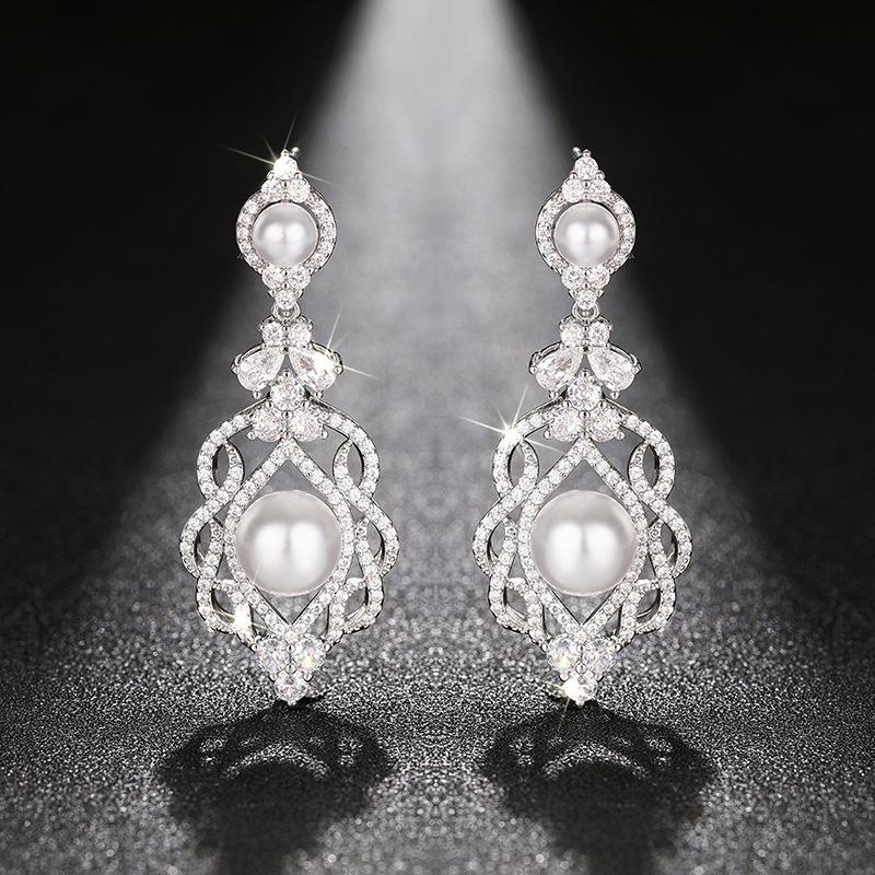 Ruili Magazine Bridal Earrings, Light Luxury Elegant Flower Imitation Pearl Zircon Earrings, Wedding Earrings