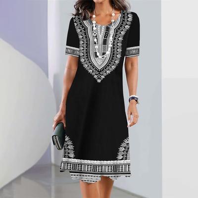 Abiti estivi da donna larghi, vintage, geometrici, a maniche corte, per le feste, casual, con gonna a trapezio, stilista, costume nazionale