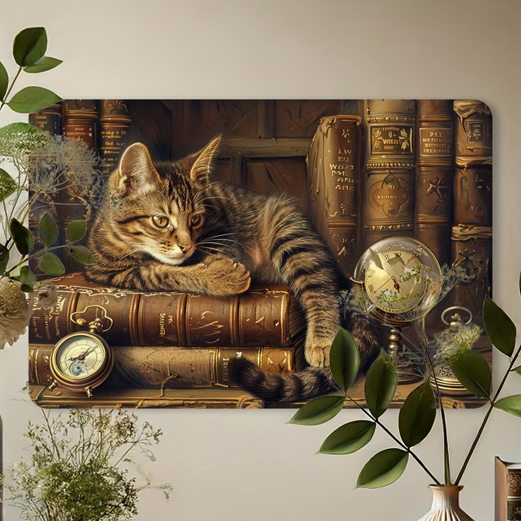 Vintage Cat in Book Metal Tin Sign | Indoor/Outdoor Wall Decor for Home, Bedroom, Bar, Cafe, Library & Garage