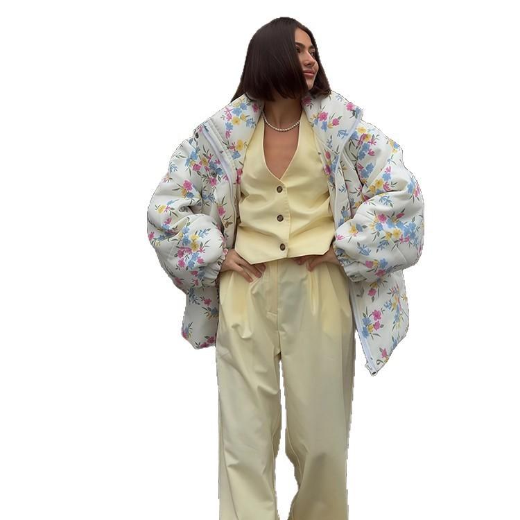 Women's Puffer Jacket Stand Up Collar Zipper Closure Floral Print Warm Cotton Filled Coat Oversized Autumn Winter