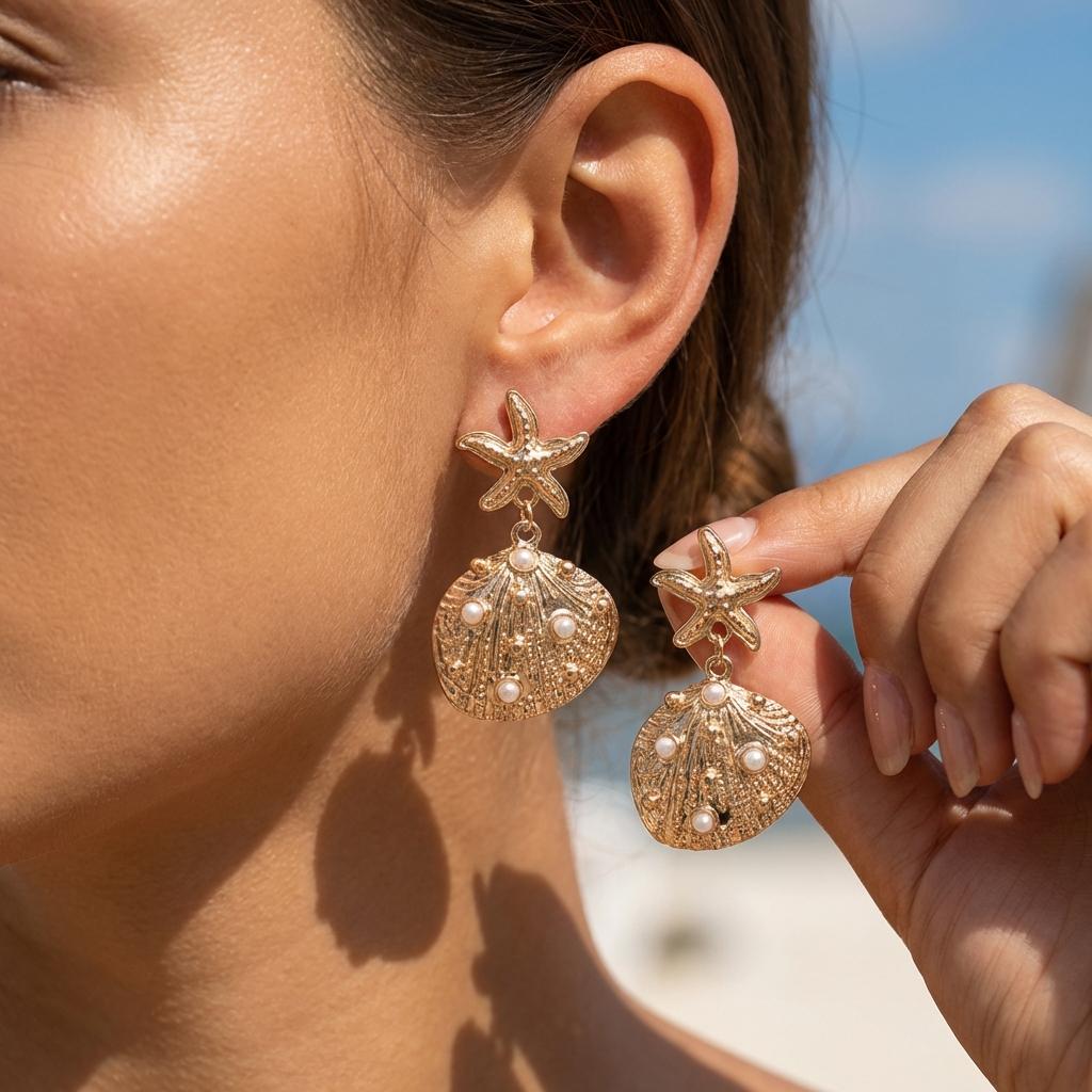 Exquisite Starfish Shell Dangle Earrings for Women Boho Imitation Pearl Gold Plated Earring Summer Beach Party Aesthetic Jewelry