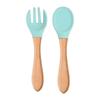 Child's Wooden Handle Silicone Fork & Spoon Set for Learning to Eat