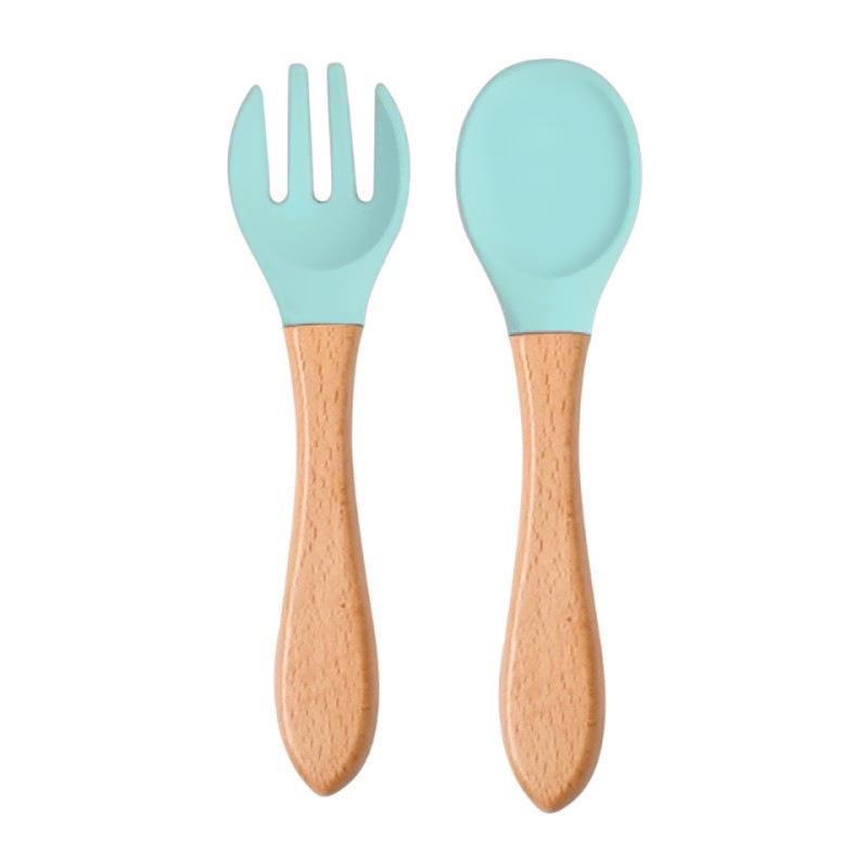 Child's Wooden Handle Silicone Fork & Spoon Set for Learning to Eat