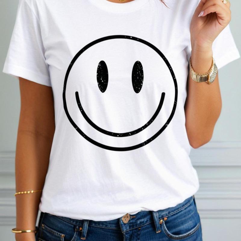 

1pc Women S Joyful Face Graphic T-Shirt - White with Black Geometric joyful Face Print, Round Neck Short Sleeve Casual Top S белый