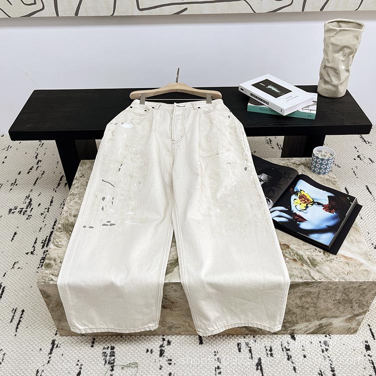 2023 Distressed Rivet Leather Pocket Wide-Leg Denim Pants L