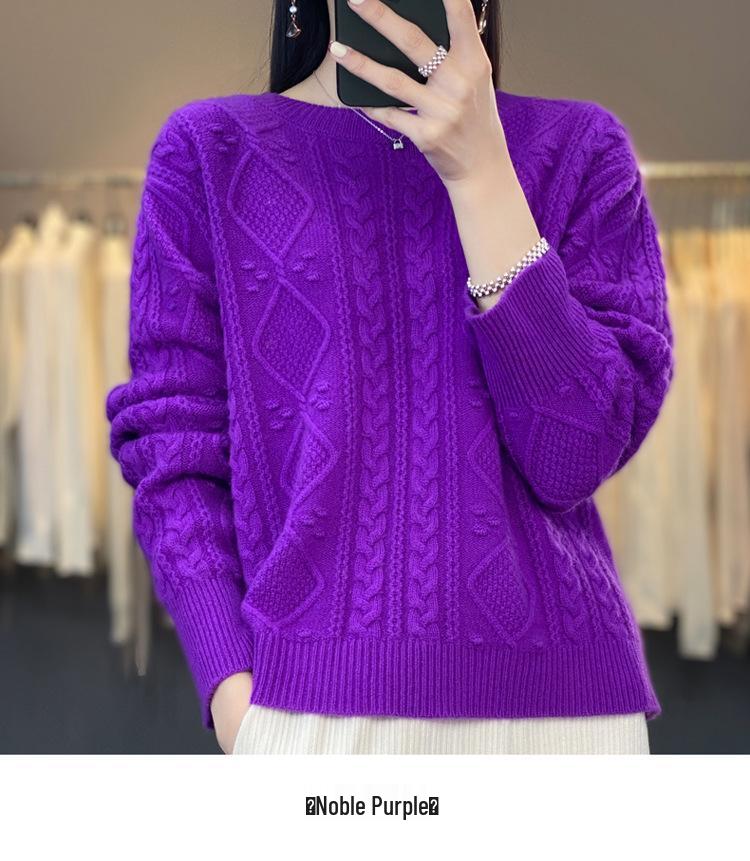 Women's Round Neck Knit Sweater - Cozy Autumn/Winter Pullover Wool Base Layer Top