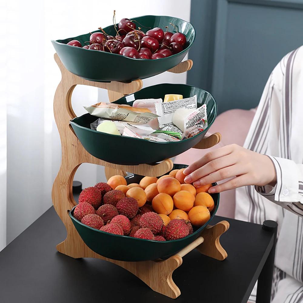 Kunststoff Obstteller mit Holzhalter Oval Servierschalen für Party Essen Server Präsentationsständer Obst Süßigkeitenschale Regale
