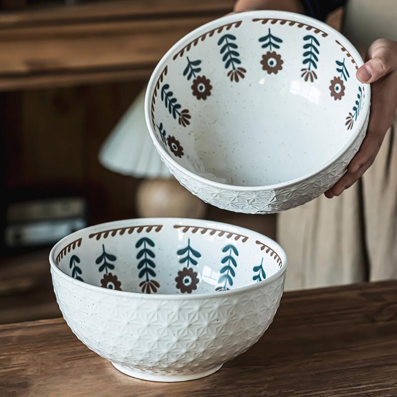 Japanese-Style Retro Relief Bowl Ceramic Small Safflower Soup Bowl Household Large-Capacity Tableware Large Vegetable Bowl Large Fruit Bowl