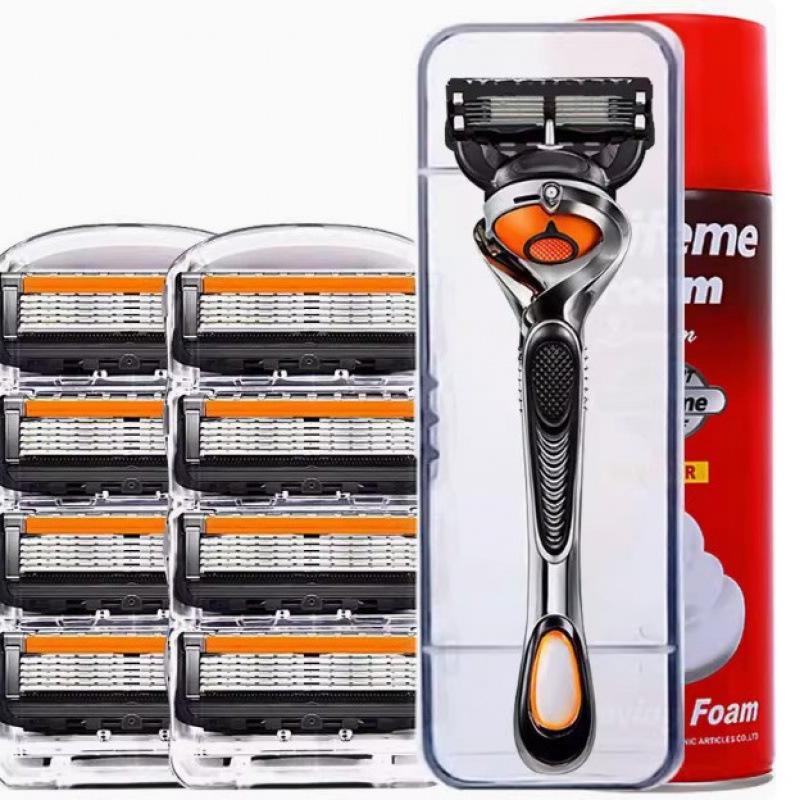 

Портативная пятислойная мужская бритва с ручным управлением и вращающейся головкой - Оранжево-черная, Острая, Прочная, Моющаяся 8 head + handle + case + foam оранжевый/чёрный