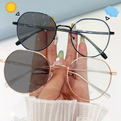 2 Pairs of Simple Oval Metal Frame Transparent Lenses, Cute and Fashionable Color Changing Glasses
