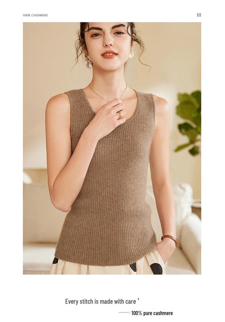 Women's 100% Pure Cashmere Ribbed Slim Fit Spaghetti Strap Vest - Autumn/Winter Knit Round Neck Inner Layer
