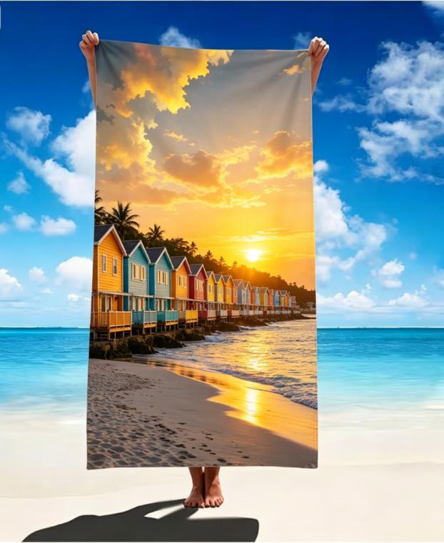 Tropical Sunset Beach Towel, Microfiber Large Sand Free Quick Dry, Palm Tree Ocean Landscape Design, Soft Absorbent