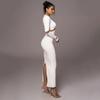 European and American crew neck long-sleeved dress women's fashion hot-selling sexy spice girl tight body sculpting high elastic splicing long dress