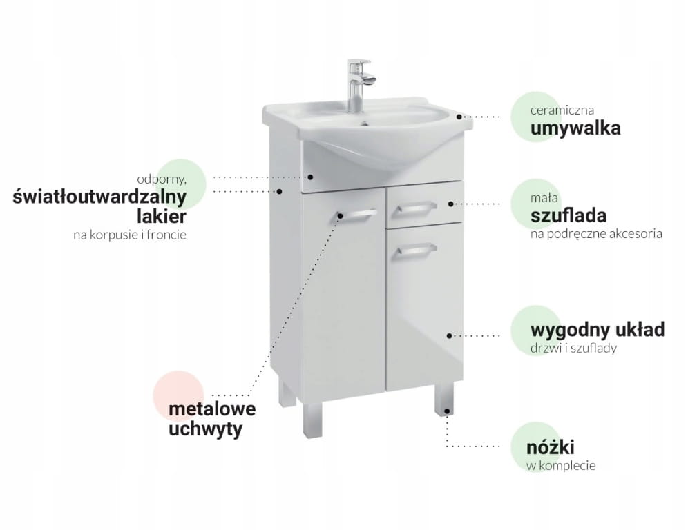 Bathroom cabinet with a washbasin on legs 85x50, standing white Mea with an elongated chrome tap
